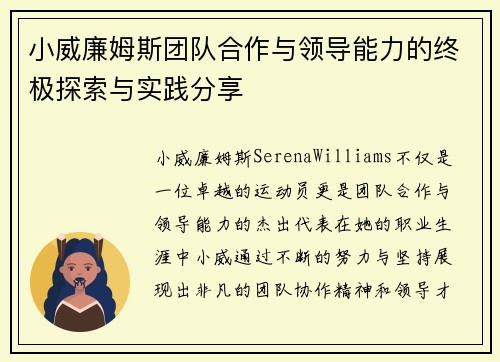 小威廉姆斯团队合作与领导能力的终极探索与实践分享