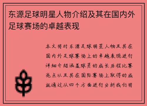 东源足球明星人物介绍及其在国内外足球赛场的卓越表现