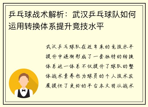 乒乓球战术解析：武汉乒乓球队如何运用转换体系提升竞技水平
